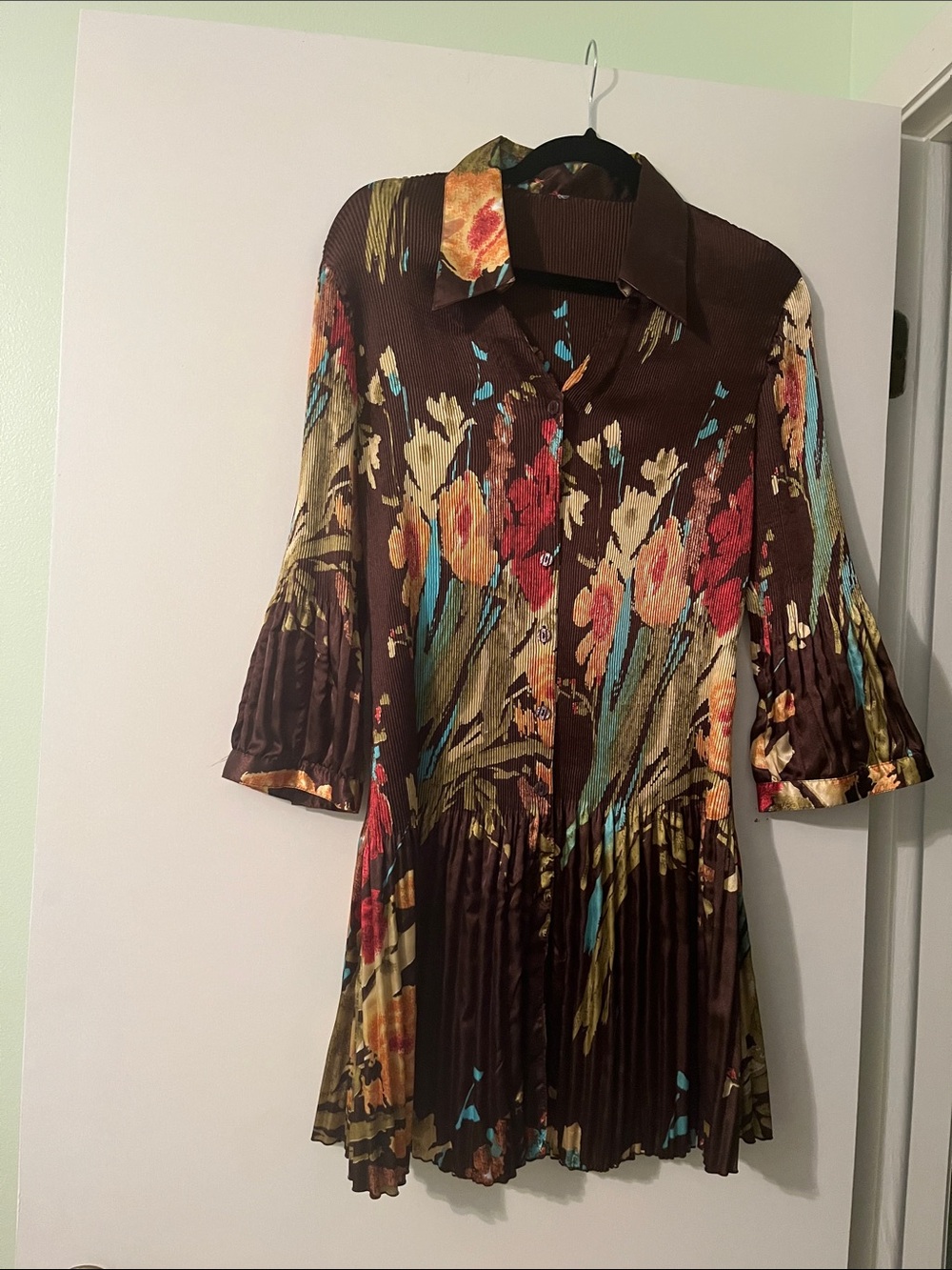 Floral Pleated Brown Button-Front Women's Dress